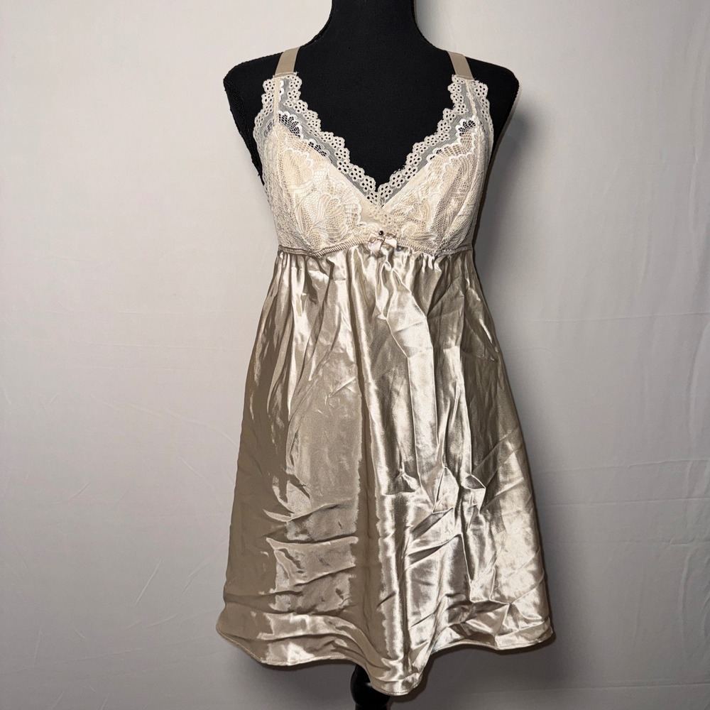 Flora Champagne Satin Lace Chemise Nightgown Gold Sleepwear Small RN 57618